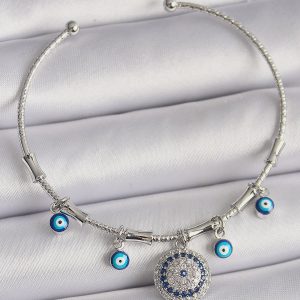 Pirinç Gümüş Renk Sallantı Zirkon Taşlı Nazar Boncuk Figür Charm Bileklik