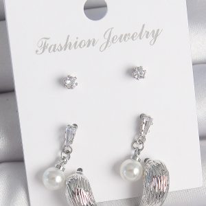 Pirinç Gümüş Renk Sallantılı Zirkon Taşlı Damla Model 3 Çift Kadın Küpe Seti