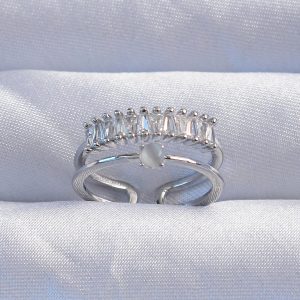 Pirinç Gümüş Renk Sedefli Zirkon Taşlı Su Yolu Model 2li Görünüm Ayarlanabilir Yüzük