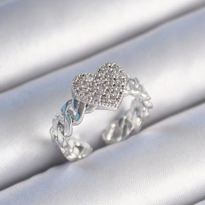 Pirinç Gümüş Renk Zincir Kordon Zirkon Taşlı Kalp Model Kadın Yüzük