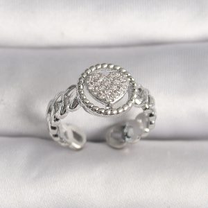 Pirinç Gümüş Renk Zincir Model Zirkon Taşlı Kalp Model Kadın Yüzük