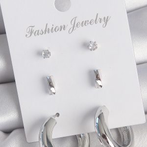 Pirinç Gümüş Renk Zirkon Taş Detay Halka Model 3 Çift Kadın Küpe Seti