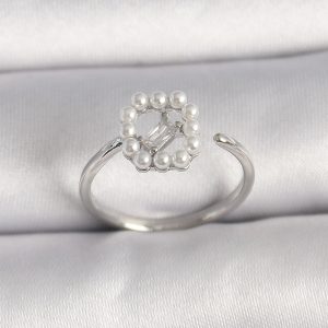 Pirinç Gümüş Renk Zirkon Taş Detaylı İncili Ayarlanabilir Yüzük