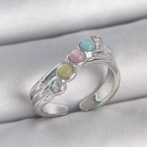 Pirinç Gümüş Renk Zirkon Taş Detaylı Renkli Mineli Ayarlanabilir Kadın Yüzük