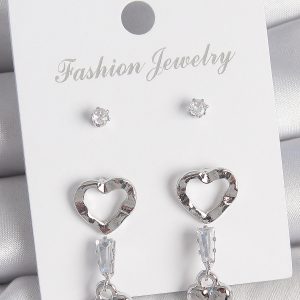 Pirinç Gümüş Renk Zirkon Taş Detaylı Sallantı Model 2 Çift Kadın Küpe Seti