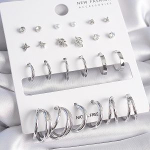 Pirinç Gümüş Renk Zirkon Taşlı 12 Çift Küpe Seti