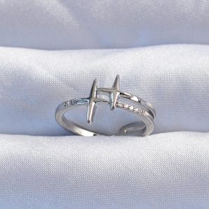 Pirinç Gümüş Renk Zirkon Taşlı 2li Görünüm Ayarlanabilir Yıldız Model Yüzük