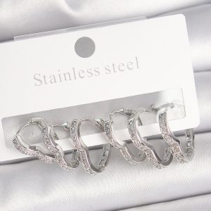 Pirinç Gümüş Renk Zirkon Taşlı 3 Çift Kalp Model Kadın Küpe