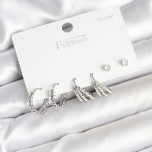 Pirinç Gümüş Renk Zirkon Taşlı 925 Gümüş Çivili Kadın Küpe Seti