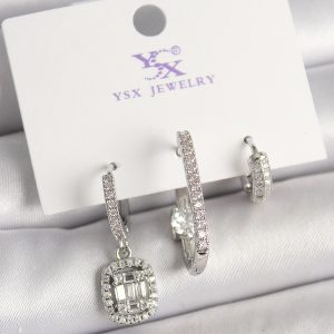 Pirinç Gümüş Renk Zirkon Taşlı Baget Halka Model 3'Lü Kadın Kombin Küpe