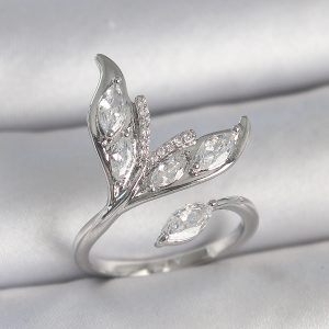 Pirinç Gümüş Renk Zirkon Taşlı Balık Kuyruğu Model Ayarlanabilir Kadın Yüzük