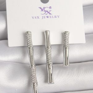 Pirinç Gümüş Renk Zirkon Taşlı Bambu Model 3'Lü Kadın Kombin Küpe