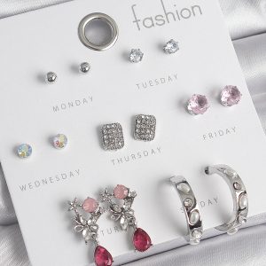 Pirinç Gümüş Renk Zirkon Taşlı Çiçek Figür İncili Halka Detay 7 Çift Kadın Küpe Seti