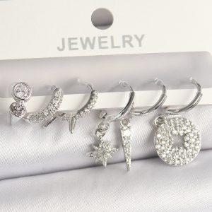 Pirinç Gümüş Renk Zirkon Taşlı Çoklu Figür Kadın Küpe Seti