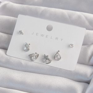 Pirinç Gümüş Renk Zirkon Taşlı Damla Model Küpe Seti