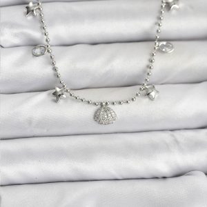 Pirinç Gümüş Renk Zirkon Taşlı Deniz Kabuğu Model Kadın Kolye