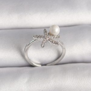 Pirinç Gümüş Renk Zirkon Taşlı Deniz Yıldızı Model İnci Detay Ayarlanabilir Yüzük