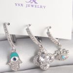 Pirinç Gümüş Renk Zirkon Taşlı Fatma Ana Yonca Figür Göz Detay 3'Lü Kadın Kombin Küpe