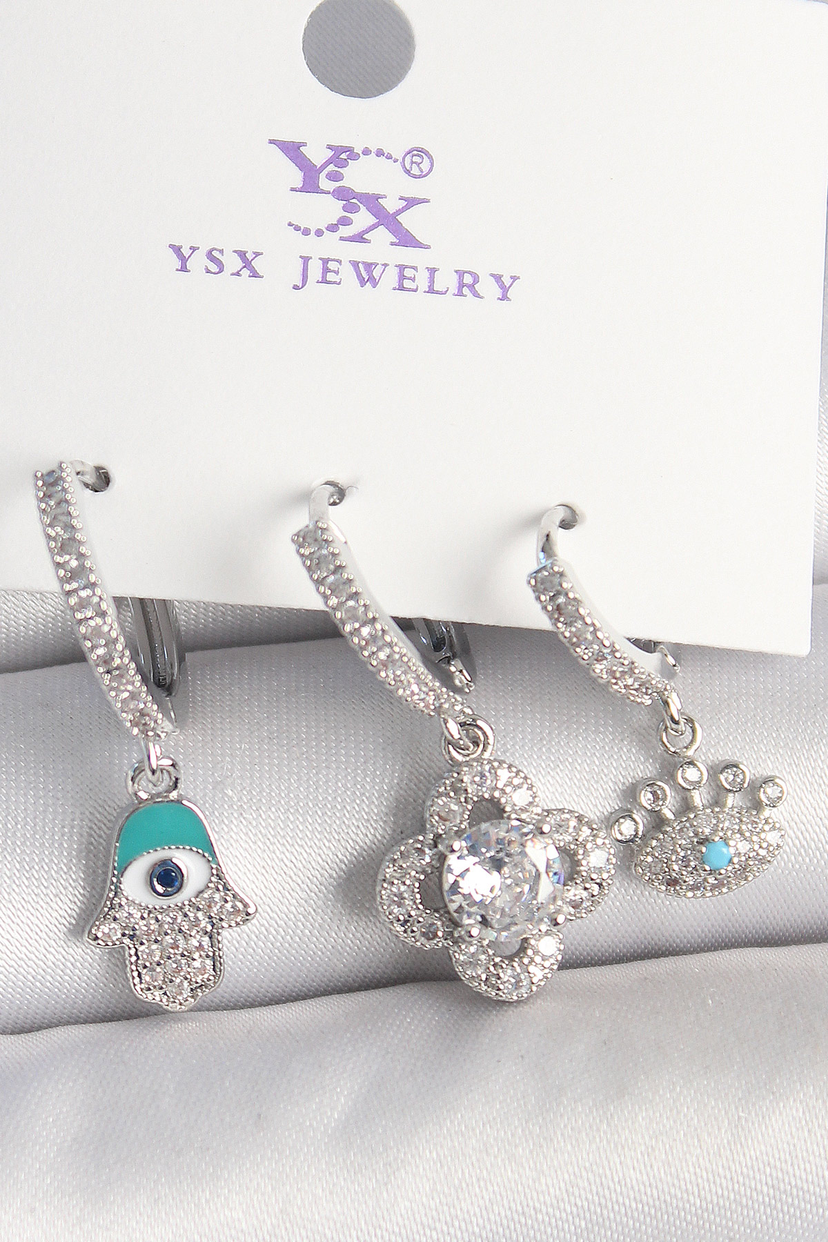 Pirinç Gümüş Renk Zirkon Taşlı Fatma Ana Yonca Figür Göz Detay 3'Lü Kadın Kombin Küpe