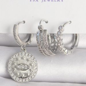 Pirinç Gümüş Renk Zirkon Taşlı Göz İşlemeli Halka Model 3'Lü Kadın Kombin Küpe