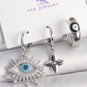 Pirinç Gümüş Renk Zirkon Taşlı Göz Model Nazar Boncuk Detay 3'Lü Kadın Kombin Küpe