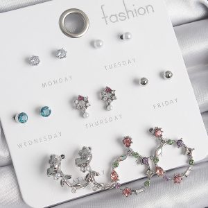 Pirinç Gümüş Renk Zirkon Taşlı Gül Figür Halka Model 7 Çift Kadın Küpe Seti