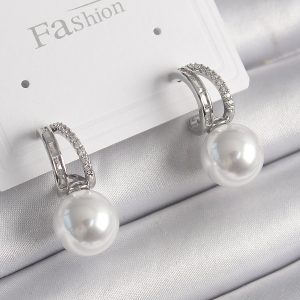 Pirinç Gümüş Renk Zirkon Taşlı Halka İnci Detay Kadın Küpe