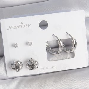 Pirinç Gümüş Renk Zirkon Taşlı Halka Model 3 Çift Kadın Küpe Seti