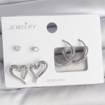 Pirinç Gümüş Renk Zirkon Taşlı Halka Model Kalp Detay 3 Çift Kadın Küpe Seti