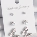 Pirinç Gümüş Renk Zirkon Taşlı İnci Detaylı Kelebek Model 3 Çift Kadın Küpe Seti