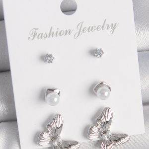 Pirinç Gümüş Renk Zirkon Taşlı İnci Detaylı Kelebek Model 3 Çift Kadın Küpe Seti