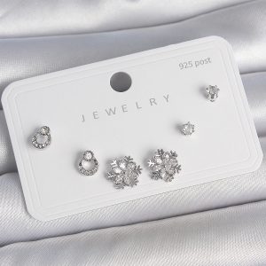 Pirinç Gümüş Renk Zirkon Taşlı Kar Tanesi Model 925 Ayar Gümüş Çivi Kadın Küpe Seti