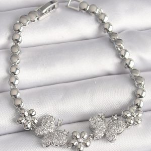 Pirinç Gümüş Renk Zirkon Taşlı Kelebek Figür Çiçek Zincir Model Kadın Bileklik