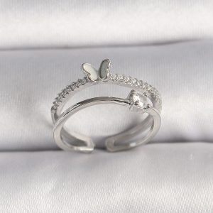 Pirinç Gümüş Renk Zirkon Taşlı Kelebek Figürlü Ayarlanabilir Yüzük