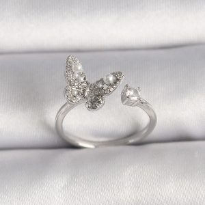 Pirinç Gümüş Renk Zirkon Taşlı Kelebek Model İnci Detay Ayarlanabilir Yüzük