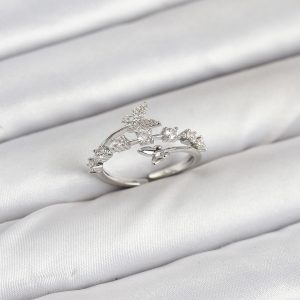 Pirinç Gümüş Renk Zirkon Taşlı Kelebek Model Kadın Yüzük