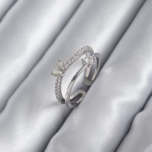 Pirinç Gümüş Renk Zirkon Taşlı Kelebek Model Kadın Yüzük