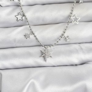 Pirinç Gümüş Renk Zirkon Taşlı Kutup Yıldızı Model Kadın Kolye