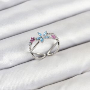 Pirinç Gümüş Renk Zirkon Taşlı Mavi Çiçekli Kadın Yüzük