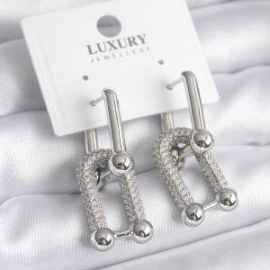 Pirinç Gümüş Renk Zirkon Taşlı Model VIP Seri Kadın Küpe