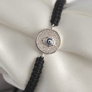 Pirinç Gümüş Renk Zirkon Taşlı Nazar Boncuk İşleme Makrome Asansörlü Model Kadın Bileklik