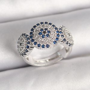 Pirinç Gümüş Renk Zirkon Taşlı Nazar Boncuk Model Ayarlanabilir Kadın Yüzük