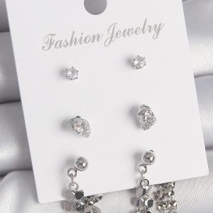 Pirinç Gümüş Renk Zirkon Taşlı Pullu Sallantılı Model 3 Çift Kadın Küpe Seti