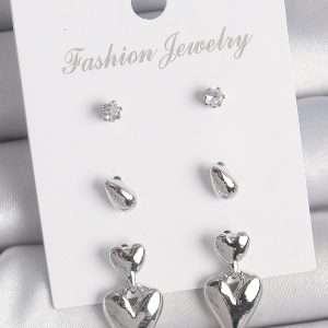 Pirinç Gümüş Renk Zirkon Taşlı Sallantılı Kalp Model 3 Çift Kadın Küpe Seti