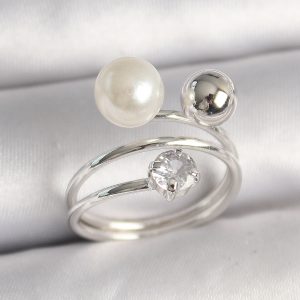 Pirinç Gümüş Renk Zirkon Taşlı Toplu İnci Model Kadın Yüzük