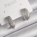 Pirinç Gümüş Renk Zirkon Taşlı Yarım Halka Model Kadın Küpe