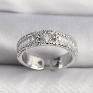 Pirinç Gümüş Renk Zirkon Taşlı Yıldız İşleme VIP Seri Kadın Yüzük