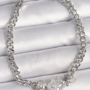 Pirinç Gümüş Renk Zirkon Taşlı Yonca Figür Zincir Model Kadın Bileklik