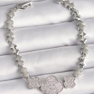 Pirinç Gümüş Renk Zirkon Taşlı Yonca Model Zincir Model Kadın Bileklik