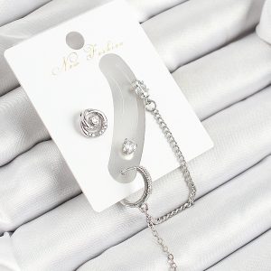 Pirinç Halka Figürlü Zirkon Taşlı Gümüş Renk 3'lü Kıkırdak Kadın Küpe Set